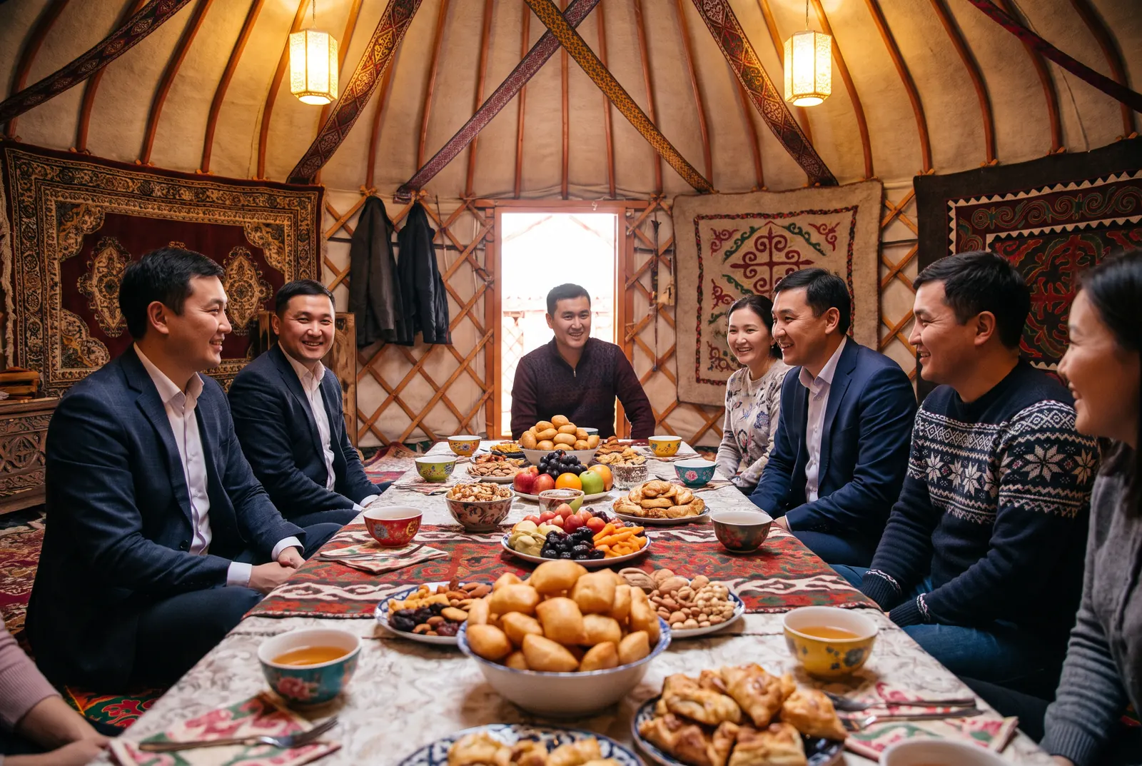Праздничный дастархан в украшенной юрте, гости и жюри